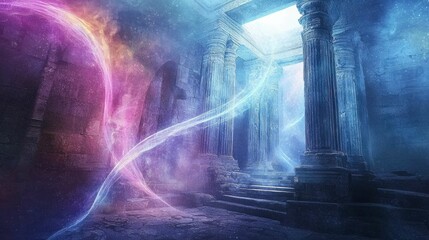 Ethereal Scene of Ancient Ruins with Colorful Energy Flows