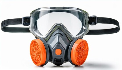 a close up view of a full face respirator mask with orange trim isolated on a white background on a clear or white background