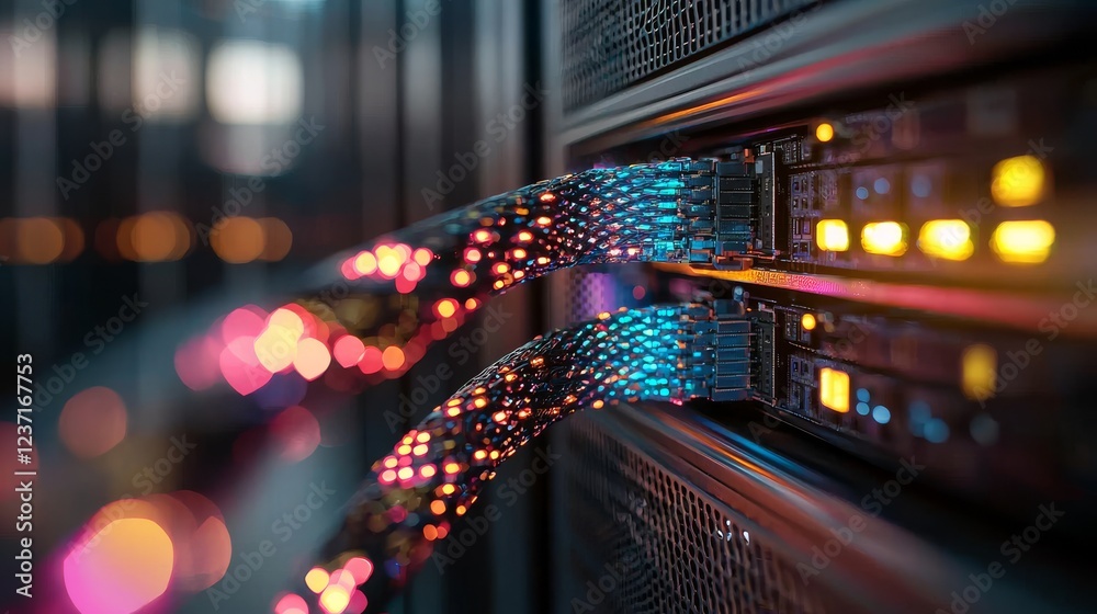 Poster shot of a dark data center featuring multiple rows of fully operational server racks; modern telecom