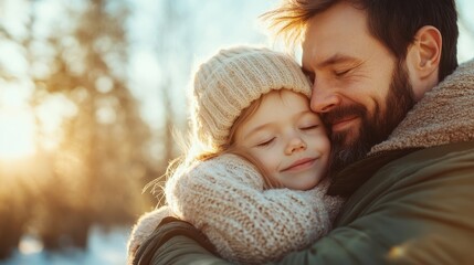 Obraz premium A touching moment captured of a father and daughter sharing a warm hug in a snowy landscape, radiating love and joy in a sunny winter day.