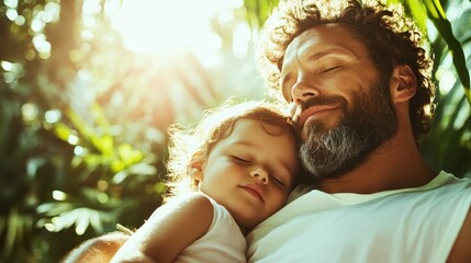 A heartwarming scene of a father holding his sleeping child in a sunlit environment, highlighting deep familial love and emotional connections that create cherished memories.