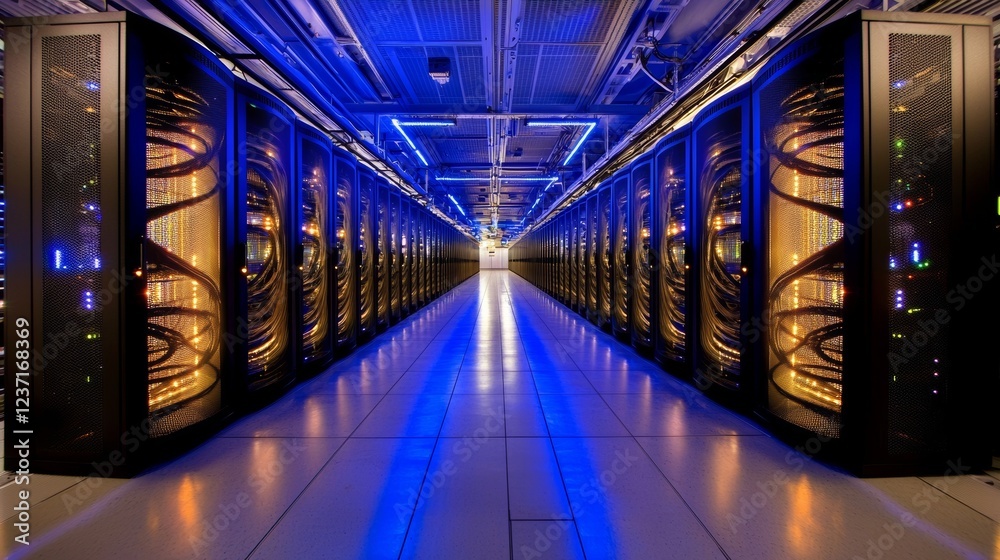 Poster a shot of a dark data center featuring multiple rows of fully functional server racks, highlighting 