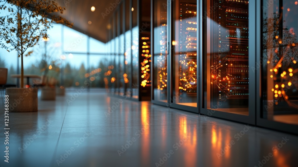 Poster a shot of a dark data center filled with multiple rows of fully operational server racks. modern tel