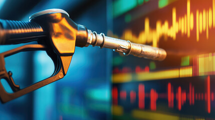 Fototapeta premium Gasoline Fuel Nozzle Dispensing Fuel, with a Blurred Background of Fluctuating Oil Price Graphs Representing Global Energy Market Trends
