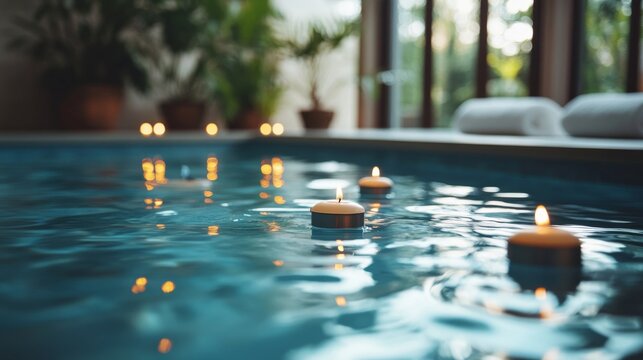 Relaxing evening with floating candles in a tranquil spa setting by the water
