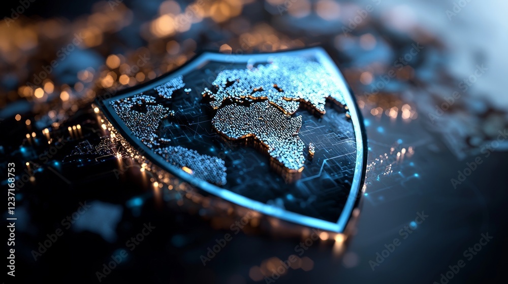 Poster icon of a shield for cyber security, protection of digital data network, background of future techno