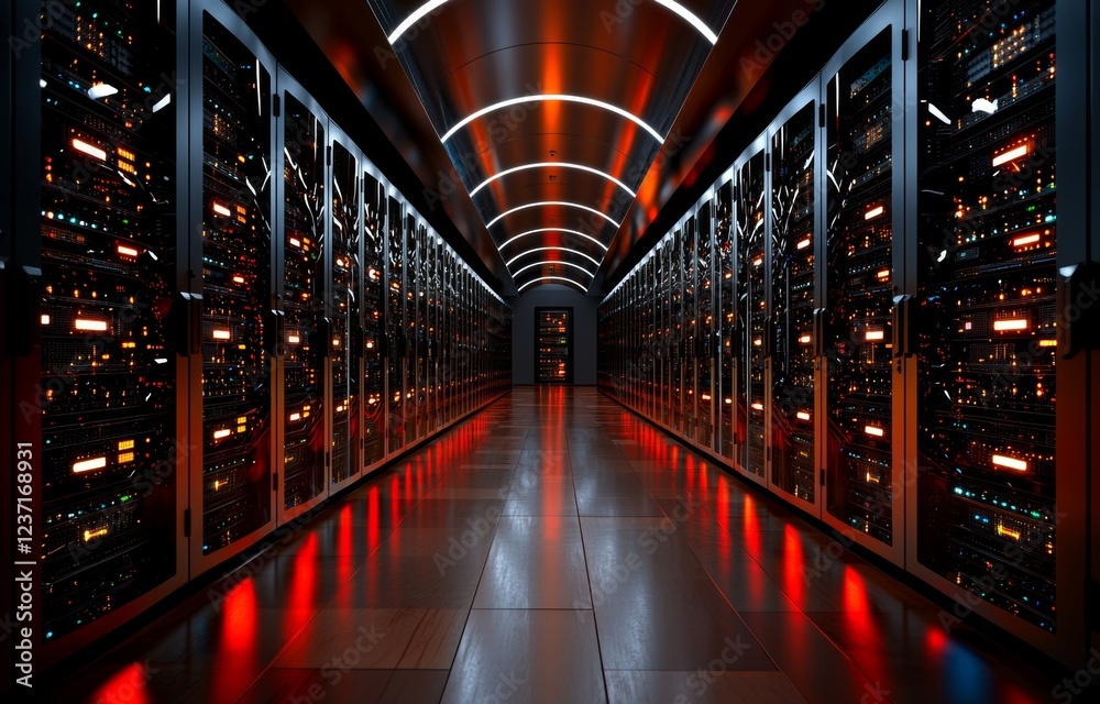 Poster a data center featuring server racks, an it working environment with rows of supercomputers. a 3d co