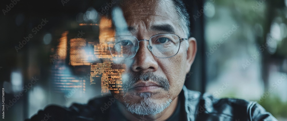 Poster A futuristic scene of an Asian man working with a computer that features an AI chatbot, showcasing cybersecurity code. He is a computer engineer programmer, intently typing lines of code, emphasizing