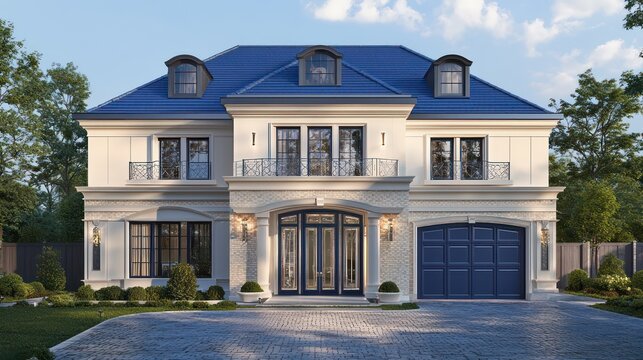 A grandiose two-story home in Chesham topped with a royal blue roof and featuring a double car garage