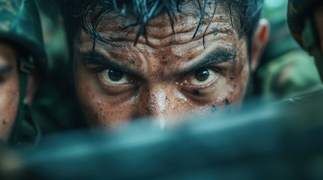 An intense expression on a soldier's face, dirt and sweat blending together, showcases determination and focus in a high-stakes jungle environment. The moment is gripping.