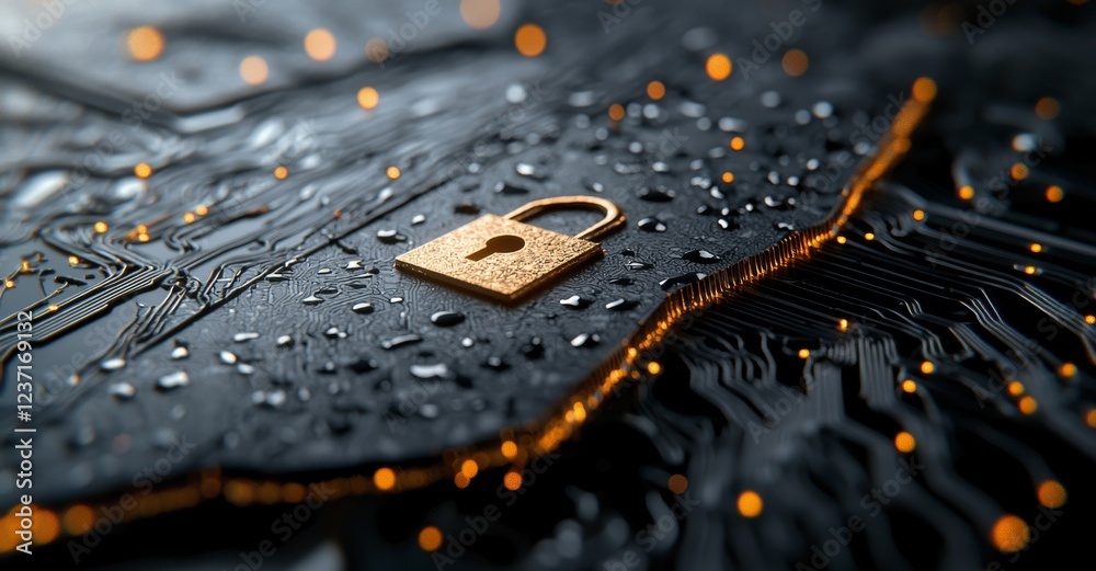 Poster a digital padlock icon displayed on a virtual interface screen features cyber security network and d