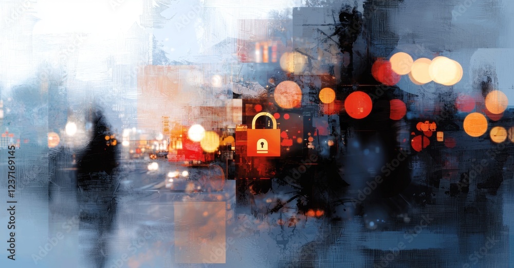 Poster digital padlock icon on a virtual interface screen with a cyber security network and data protection