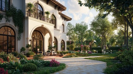 Obraz premium Elegant Mediterranean Style Home Surrounded by Lush Greenery
