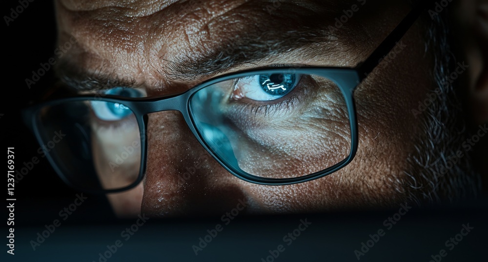 Poster a focused developer wearing glasses works intently on their computer, gazing at programming code and