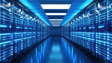 Fototapeta premium A futuristic data center interior with rows of glowing blue server racks, symbolizing advanced technology, cloud computing, and secure data storage. Ideal for technology and IT concepts