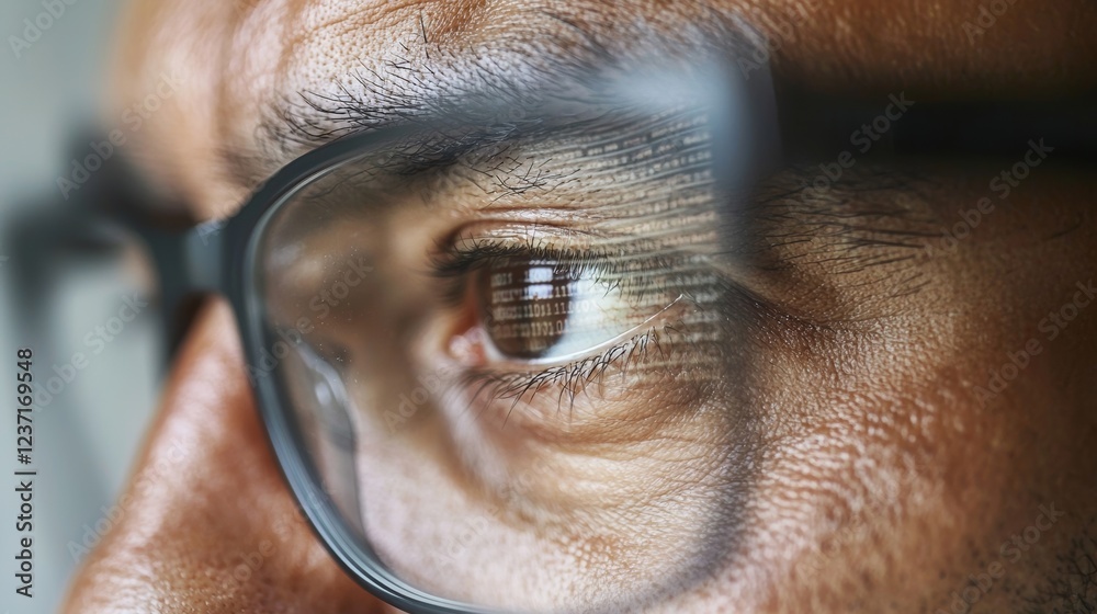 Poster a close-up of a software engineer at work on a computer, line of code visible in their glasses. deve