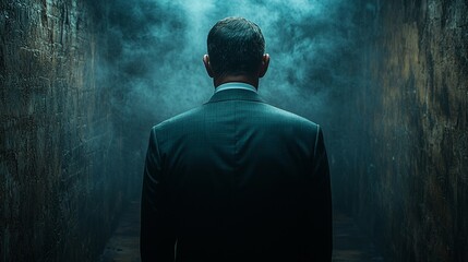 A man in a suit is standing in a dark room with a lot of smoke