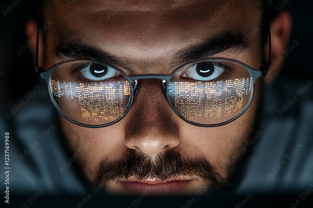 Poster software developer/hacker wearing glasses, seated at a desk working on a futuristic transparent comp