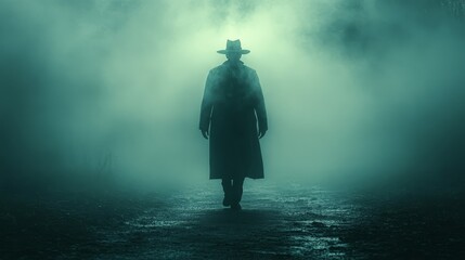 Obraz premium A man in a hat is walking through a foggy forest