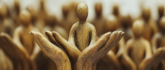 Wooden figures united in open hands, symbolizing inclusion and support in a diverse community  -