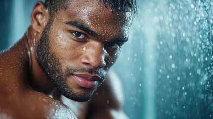 This captivating portrait features a strong young man immersed in raindrops, showcasing intensity and emotion through a mesmerizing gaze and wet skin.