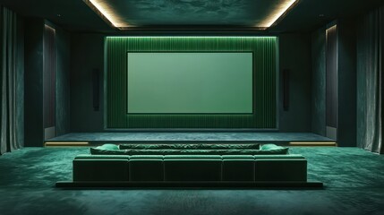 A lavish home theater with a forest green velvet sofa complemented by a large OLED screen set against a dark emerald green wall