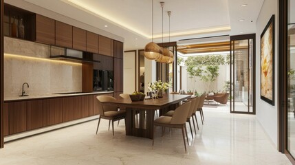 Fototapeta premium Modern Elegant Dining Room with Wood Accents and Natural Light