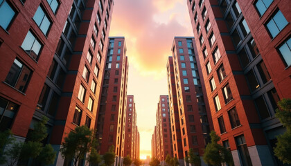 A stunning view of modern brick buildings framed by a vibrant sunset, creating a warm and inviting urban atmosphere.