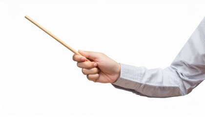 hand holding wood classroom pointer isolated hand in white sleeve shirt hold school stick and pointing