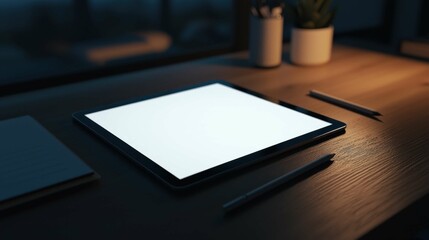 Modern Workspace with Tablet and Minimal Decor at Night
