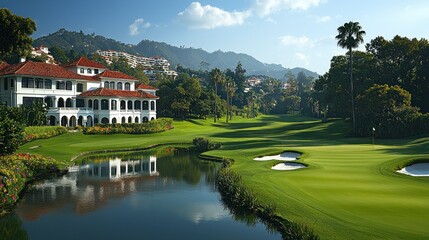 Fototapeta premium Majestic Golf Course Estate: Breathtaking Views and Luxurious Clubhouse