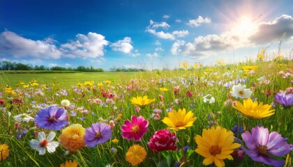 Obraz premium nature background offering a vibrant springtime meadow with various wildflowers in vivid yellows purples and pinks a clean green grass backdrop and a sunny sky with fluffy clouds
