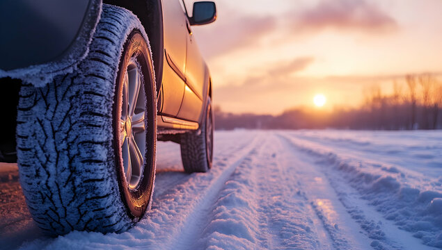 SUV Winter Tires with Snow Grip, Safe Driving on Icy Roads, Cold Weather Traction, Close-Up of Snowy Tire Treads, Frozen Road Safety, Winter Auto Maintenance, AWD Vehicle Prepared for Snow Terrain