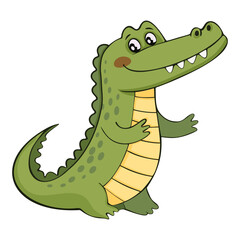 Fototapeta premium Cartoon crocodile with big smile and friendly pose. Green alligator is perfect for kids designs, educational materials, and playful illustrations. Vector animal character.