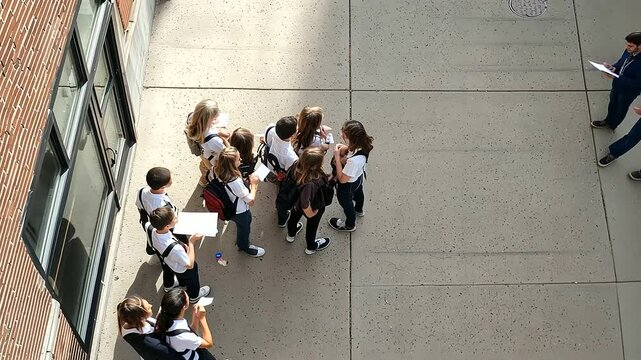 School Fire Drill with Students and Teachers Outside