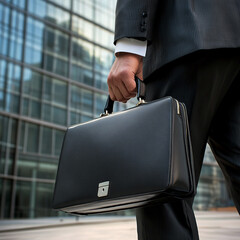 Close-up of a businessman in a pinstripe suit holding a black briefcase in a modern urban setting, representing professionalism, corporate world, and success.