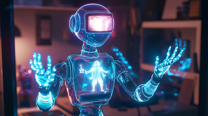 A glowing robotic storyteller bringing characters to life in vivid, hyper-detailed holographic sequences with radiant visuals.