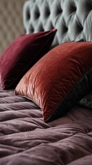 Luxurious Bed with Plush Velvet Cushions and Elegant Headboard