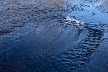 Ice in river causes curving flow of water