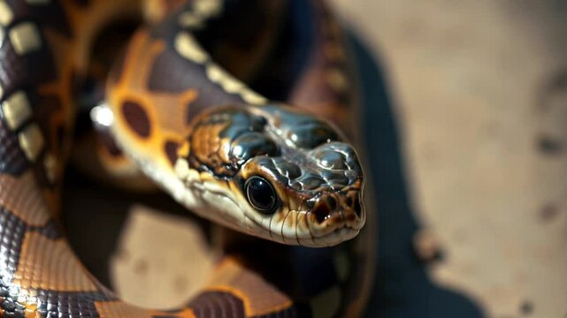 close-up of snake, revealing its distinctive pattern of dark and light scales, in natural light