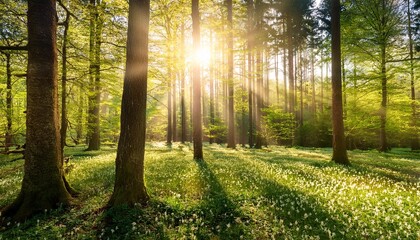 Fototapeta premium spring in the forest with bright sun shining through the trees