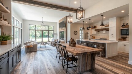 Modern Rustic Kitchen and Living Area with Natural Light and Comfort