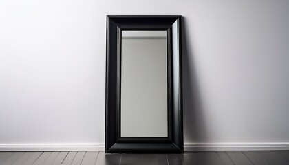 a simple black framed mirror stands tall against a white background on a clear or white background
