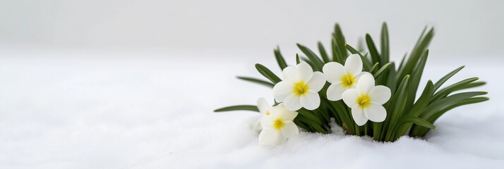 Obraz premium A white flower with yellow centers is surrounded by snow. Concept of serenity and beauty in the midst of winter