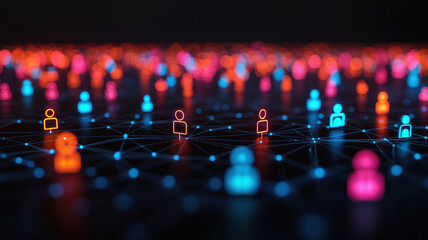 Fototapeta premium A vibrant digital network of user icons represented in blue and orange, symbolizing connectivity and interaction in a virtual space.