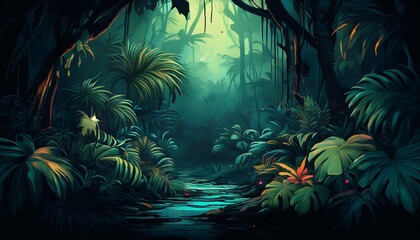 deep tropical jungle in darkness