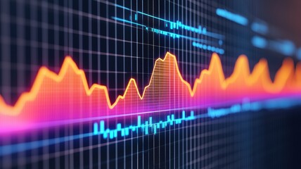 A vibrant graph depicting fluctuating data trends with colorful lines showcasing peaks and troughs against a grid background.