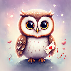 Obraz premium Cute owl holding love letter with hearts in whimsical background