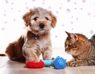 dog and cat playing with toys