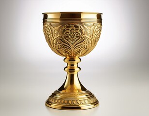 a gilded chalice with intricate ornate detailing reflects light on a clear or white background